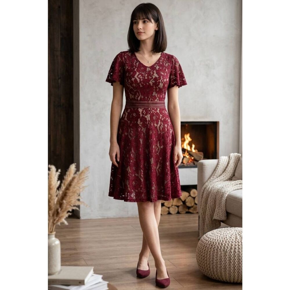 🩵NWT Cranberry Lace Nude Illusion Flutter Sleeve Dress Medium